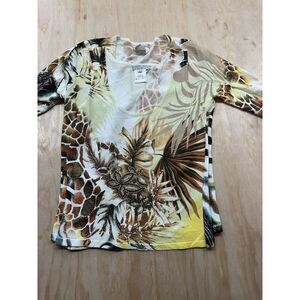 Alberto Makali floral beaded Safari print 2 pc knit sweater set S Animals Rayon